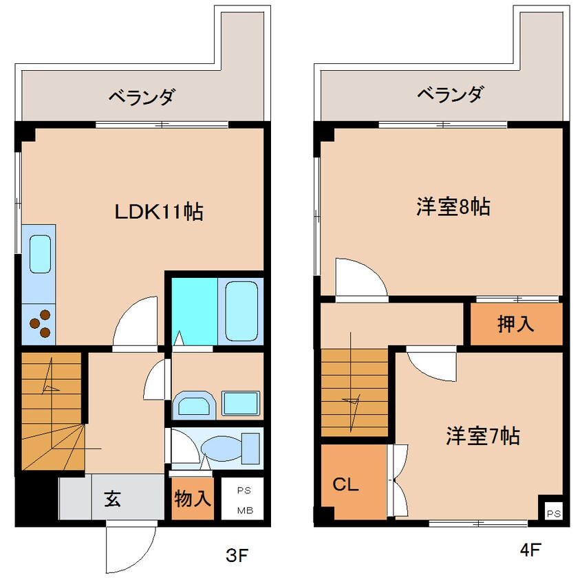 間取図 近鉄難波線・奈良線/富雄駅 徒歩8分 3-4階 築29年