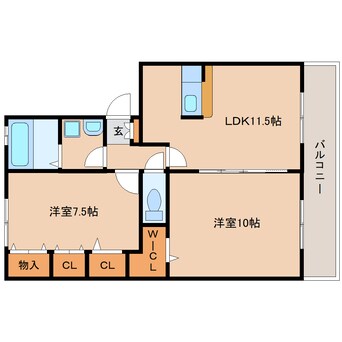 間取図 近鉄難波線・奈良線/富雄駅 徒歩16分 2階 築21年