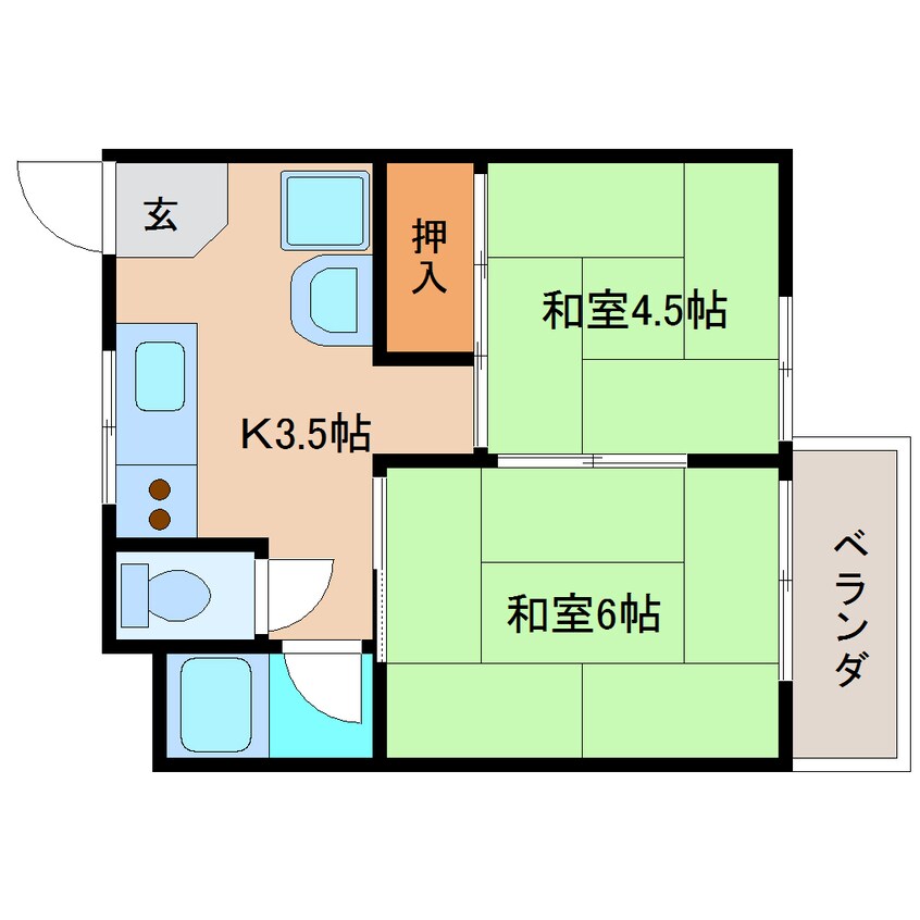 間取図 近鉄難波線・奈良線/学園前駅 徒歩15分 2階 築52年