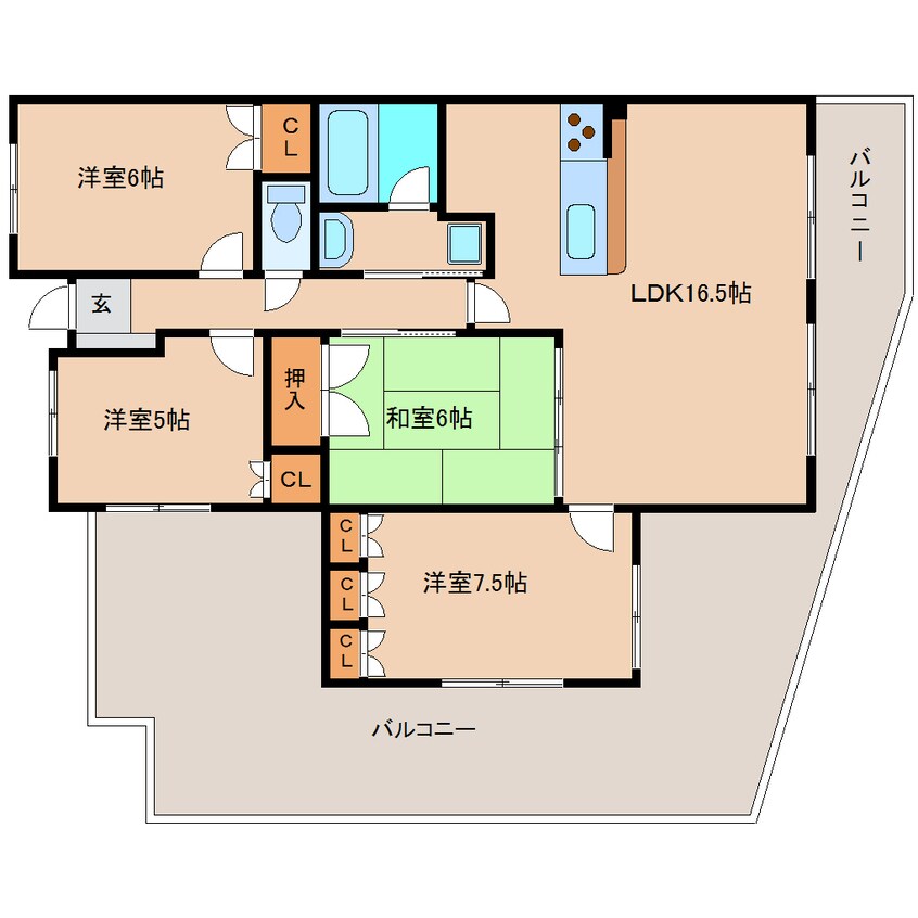 間取図 近鉄難波線・奈良線/富雄駅 徒歩4分 5階 築19年