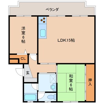 間取図 近鉄難波線・奈良線/富雄駅 徒歩14分 2階 築37年