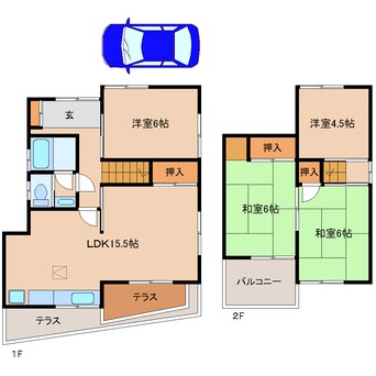 間取図 近鉄難波線・奈良線/学園前駅 バス10分藤の木台二丁目下車:停歩2分 1-2階 築45年