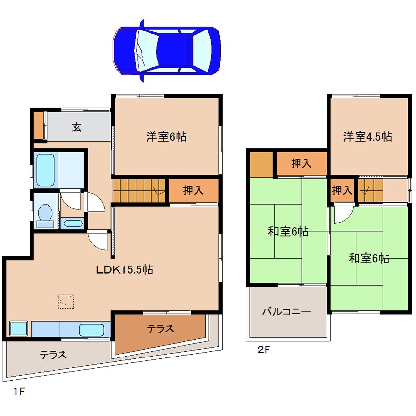 間取図 近鉄難波線・奈良線/学園前駅 バス10分藤の木台二丁目下車:停歩2分 1-2階 築46年