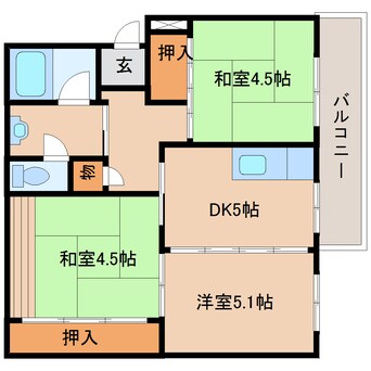 間取図 近鉄難波線・奈良線/富雄駅 徒歩20分 4階 築57年