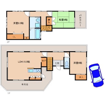 間取図 近鉄けいはんな線/白庭台駅 徒歩9分 1-2階 築28年