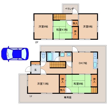 間取図 近鉄難波線・奈良線/富雄駅 徒歩20分 1-2階 築42年