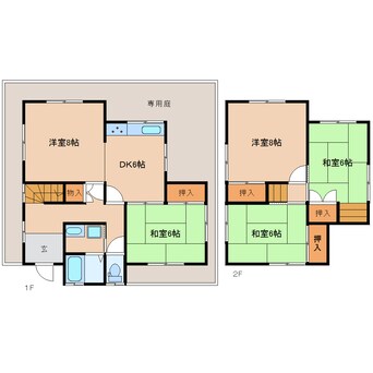 間取図 近鉄難波線・奈良線/学園前駅 バス12分西登美ケ丘下車:停歩3分 1-2階 築46年