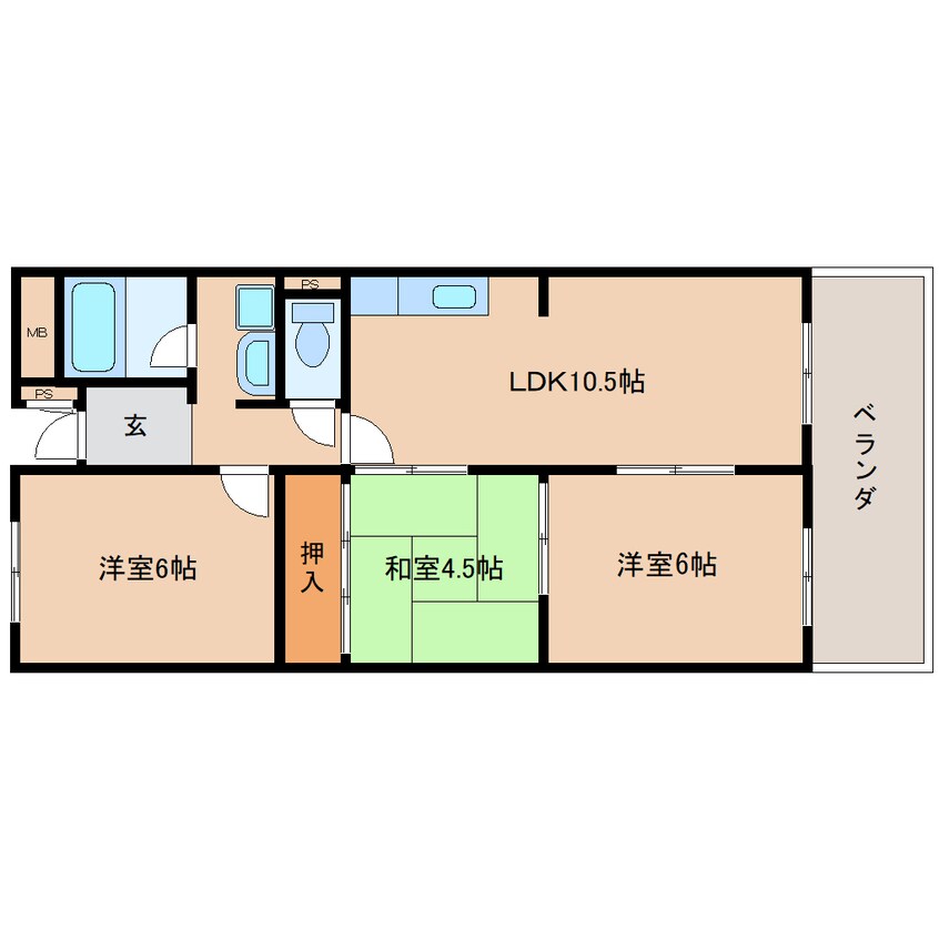 間取図 近鉄難波線・奈良線/富雄駅 徒歩18分 3階 築48年