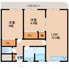 近鉄生駒線/一分駅 徒歩3分 3階 築39年 2LDKの間取り
