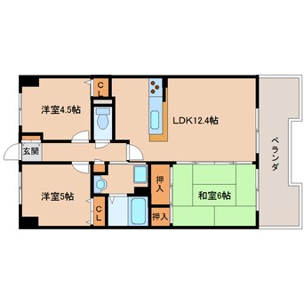 間取図 近鉄難波線・奈良線/東生駒駅 徒歩3分 3階 築29年