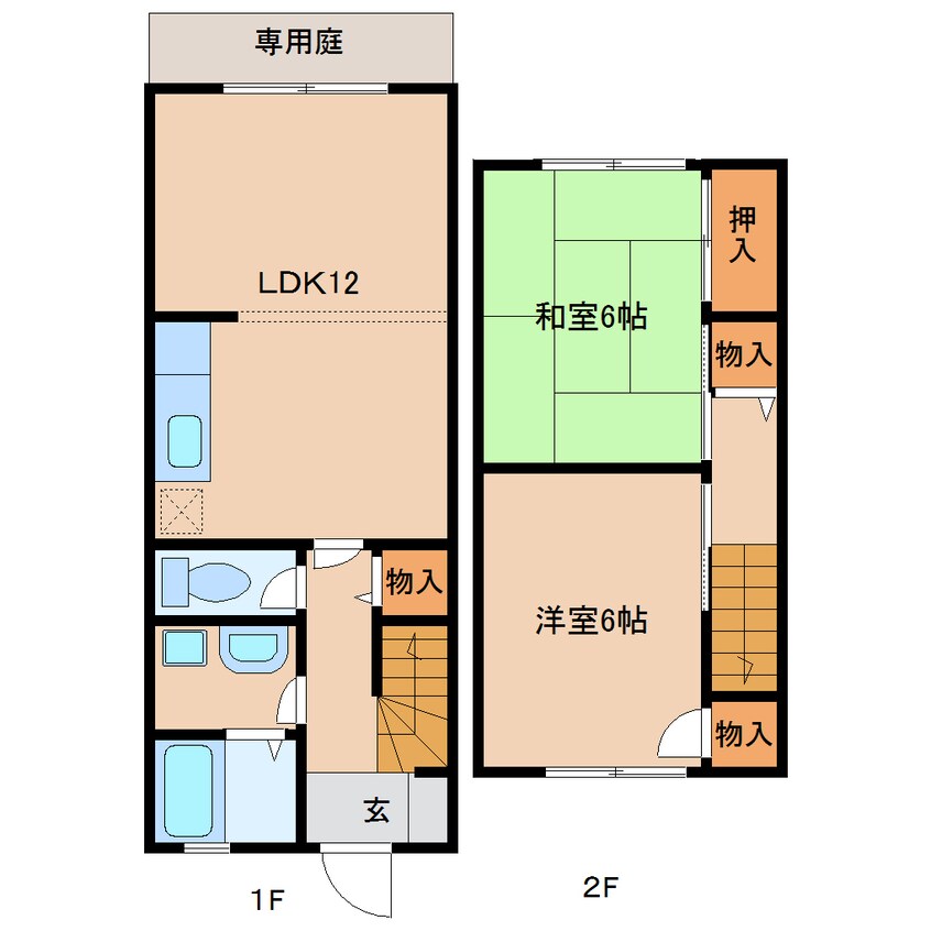間取図 近鉄生駒線/一分駅 徒歩3分 1-2階 築38年