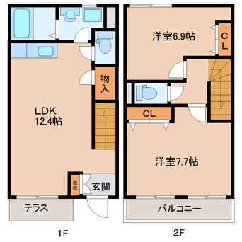 間取図 近鉄生駒線/南生駒駅 徒歩15分 1-2階 築19年