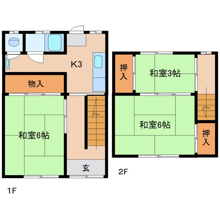 間取図 近鉄難波線・奈良線/東生駒駅 徒歩7分 1-2階 築54年