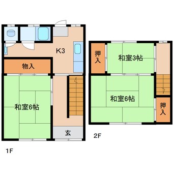 間取図 近鉄難波線・奈良線/東生駒駅 徒歩7分 1-2階 築54年