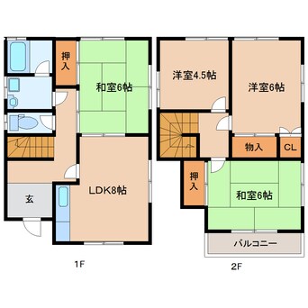 間取図 近鉄生駒線/萩の台駅 徒歩15分 1-2階 築31年