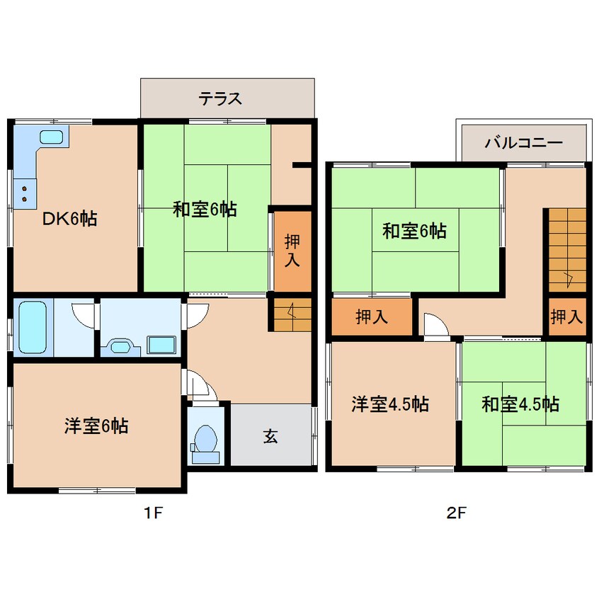 間取図 近鉄難波線・奈良線/東生駒駅 徒歩7分 1-2階 築47年