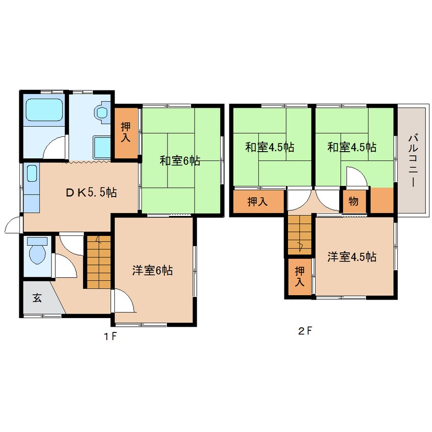 間取図 近鉄生駒線/一分駅 徒歩7分 1-2階 築46年