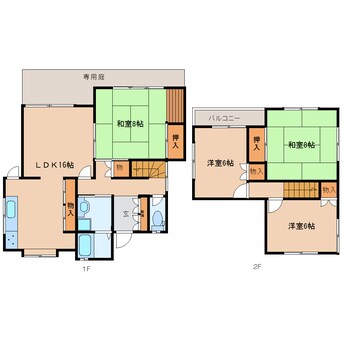 間取図 近鉄生駒線/萩の台駅 徒歩7分 1-2階 築38年