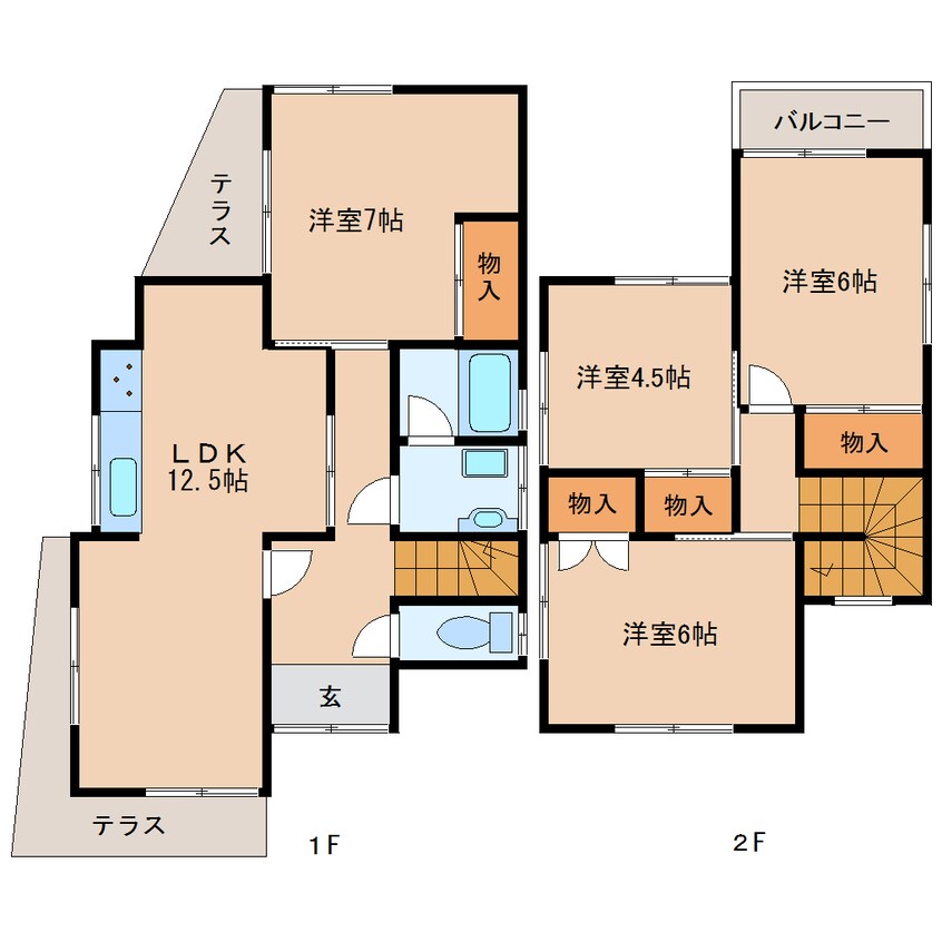 間取図 近鉄生駒線/一分駅 徒歩8分 1-2階 築45年