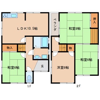 間取図 近鉄生駒線/一分駅 徒歩8分 1-2階 築39年