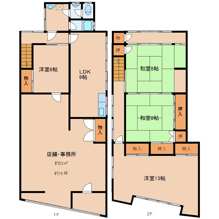 間取図 近鉄難波線・奈良線/生駒駅 徒歩1分 1-2階 築48年