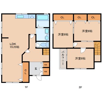 間取図 近鉄生駒線/一分駅 徒歩10分 1-2階 築38年