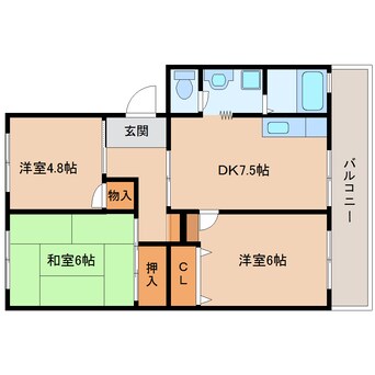 間取図 近鉄生駒線/一分駅 徒歩7分 3階 築46年