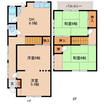 間取図 近鉄難波線・奈良線/生駒駅 バス8分喜里が丘一丁目下車:停歩3分 1-2階 築48年