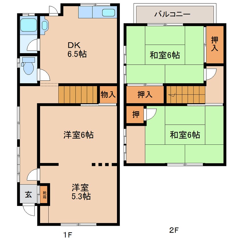 間取図 近鉄難波線・奈良線/生駒駅 バス8分喜里が丘一丁目下車:停歩3分 1-2階 築48年