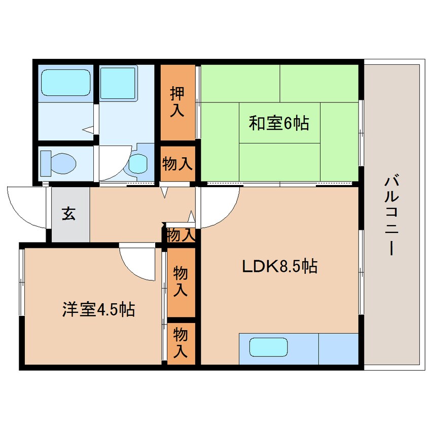 間取図 近鉄難波線・奈良線/近鉄奈良駅 バス9分梅谷口下車:停歩5分 2階 築33年