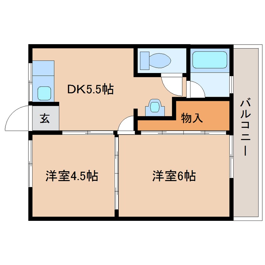 間取図 奈良線/木津駅 徒歩15分 2階 築44年