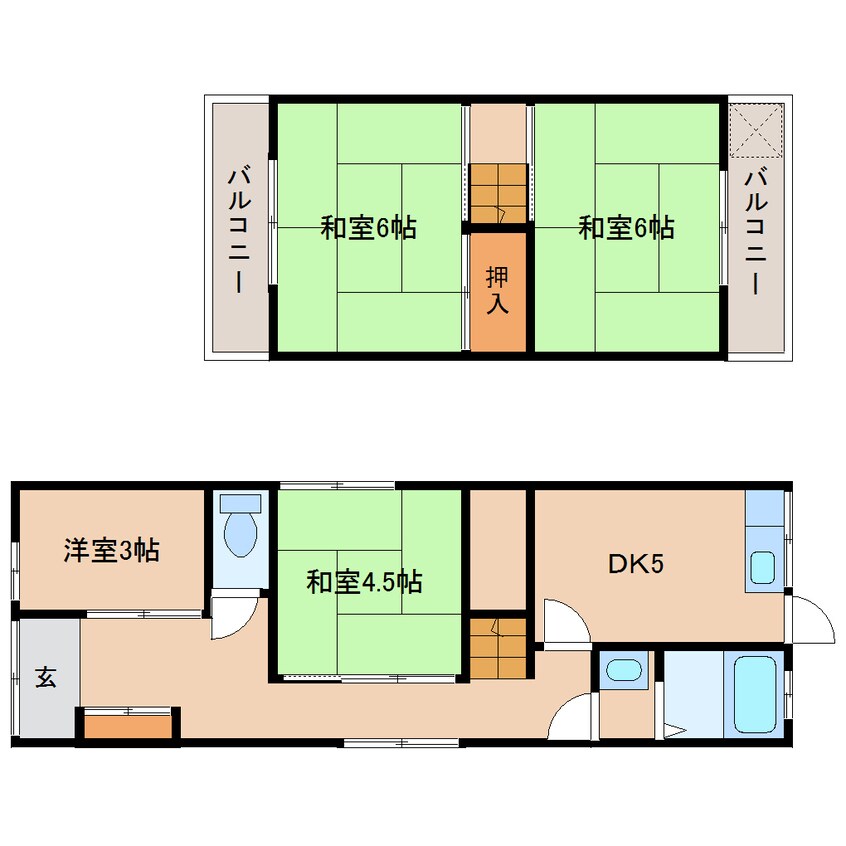 間取図 桜井線<万葉まほろば線>/京終駅 徒歩3分 1-2階 築48年