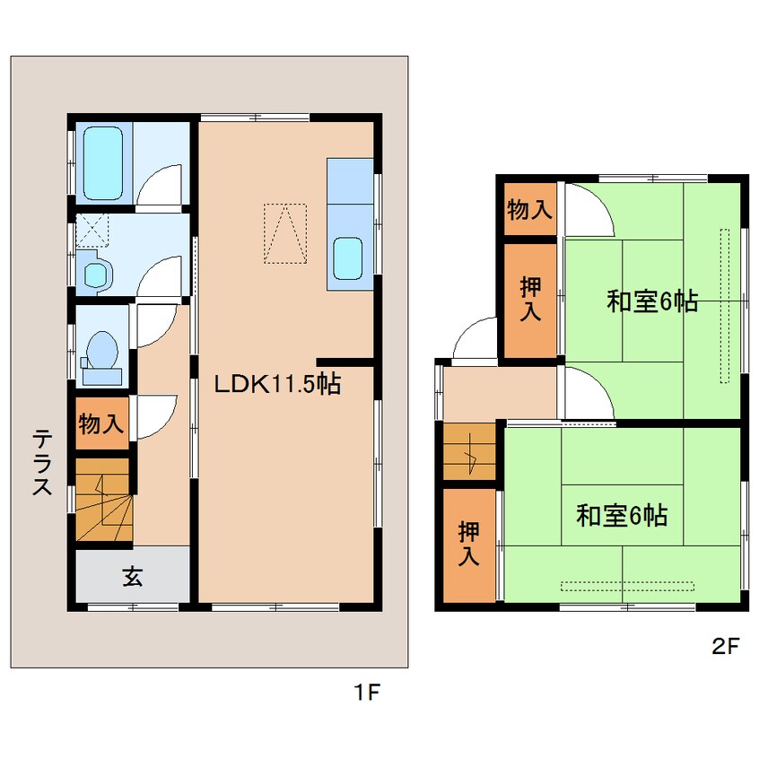 間取図 奈良線/奈良駅 バス12分神殿下車:停歩6分 1-2階 築46年