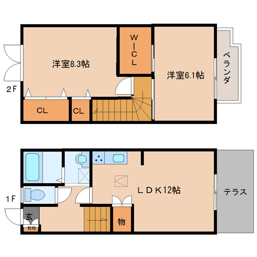 間取図 近鉄大阪線（近畿）/五位堂駅 徒歩12分 1-2階 築32年