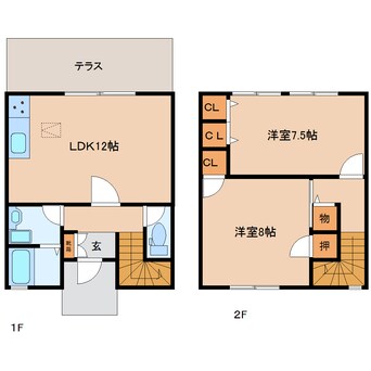 間取図 近鉄大阪線（近畿）/五位堂駅 バス8分馬見北９丁目下車:停歩2分 1-2階 築30年