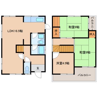 間取図 大和路線・関西本線/大和小泉駅 徒歩6分 1階 築45年