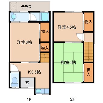 間取図 近鉄橿原線/尼ケ辻駅 徒歩5分 1-2階 築43年