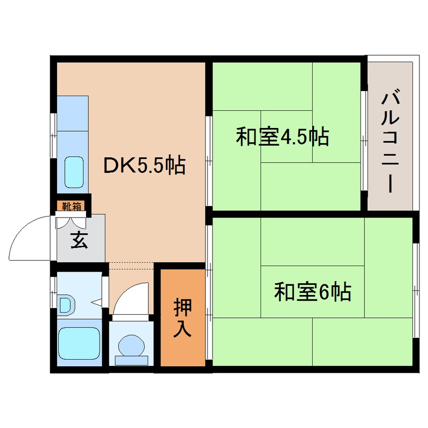 間取図 近鉄難波線・奈良線/大和西大寺駅 徒歩7分 2階 築44年