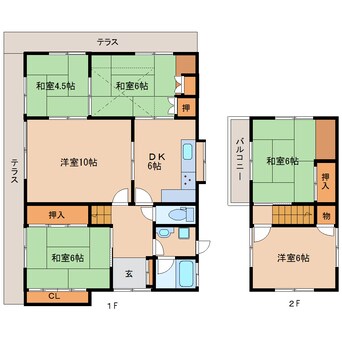 間取図 近鉄京都線/高の原駅 徒歩12分 1-2階 築44年