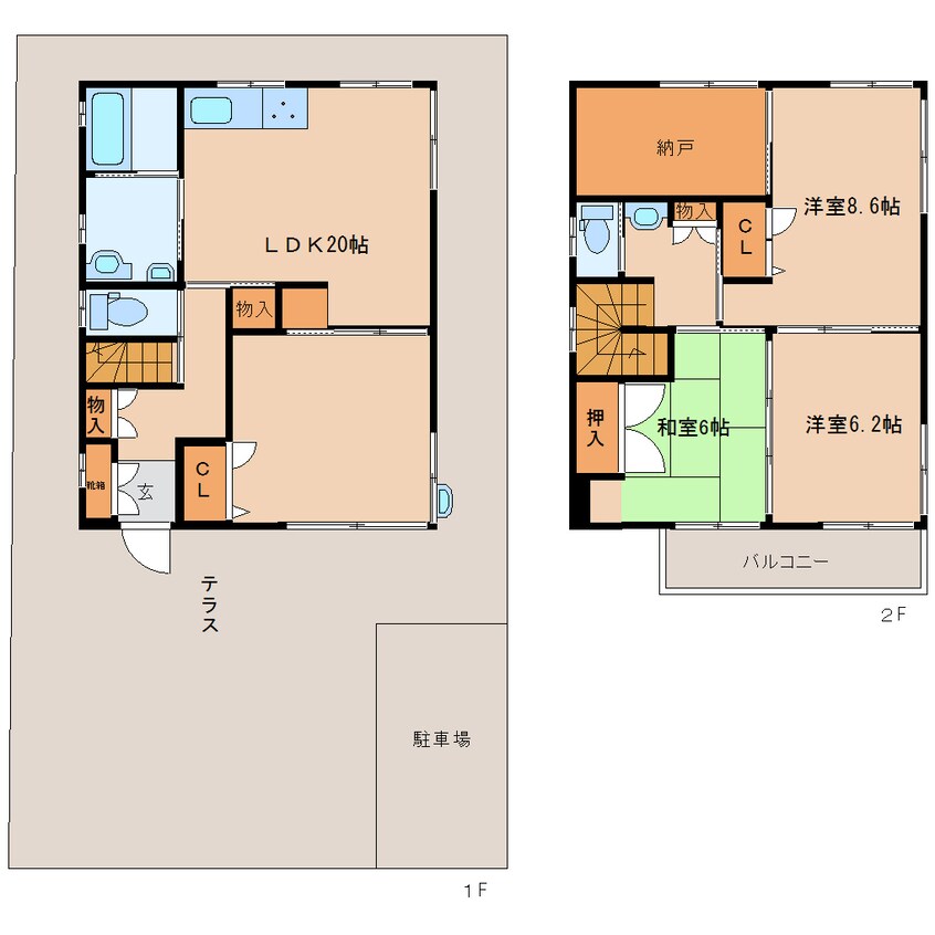 間取図 近鉄京都線/高の原駅 徒歩15分 1-2階 築45年