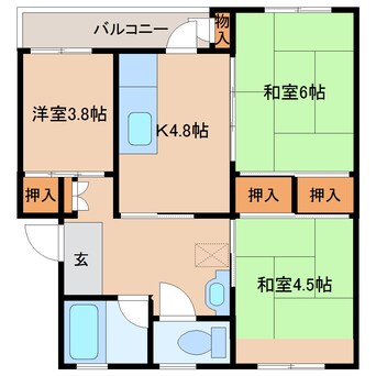 間取図 近鉄京都線/高の原駅 徒歩9分 2階 築51年