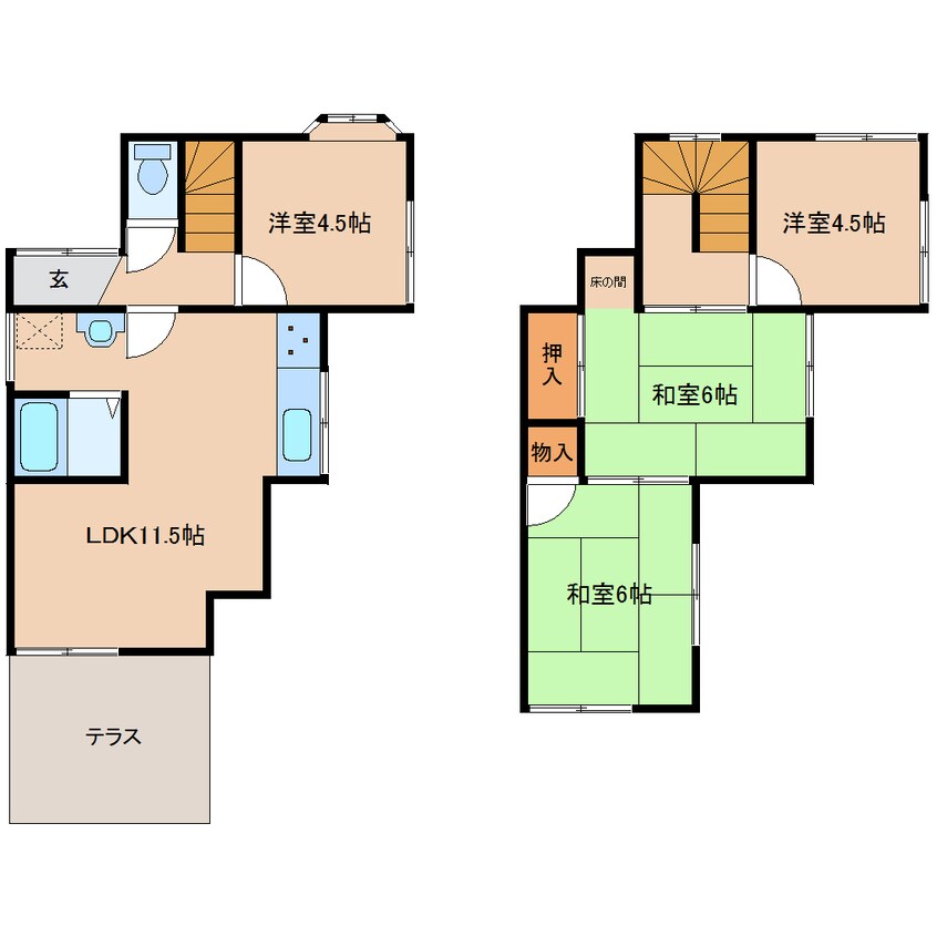 間取図 近鉄京都線/大和西大寺駅 徒歩12分 1-2階 築42年