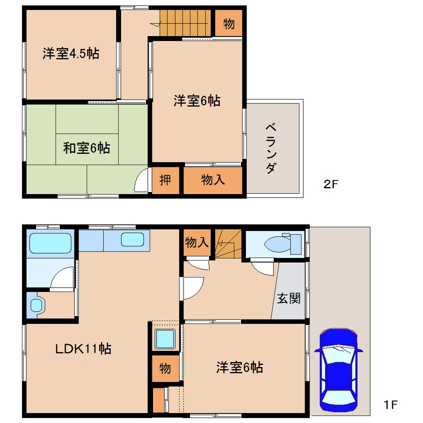 間取図 近鉄橿原線/西ノ京駅 徒歩19分 1-2階 築44年