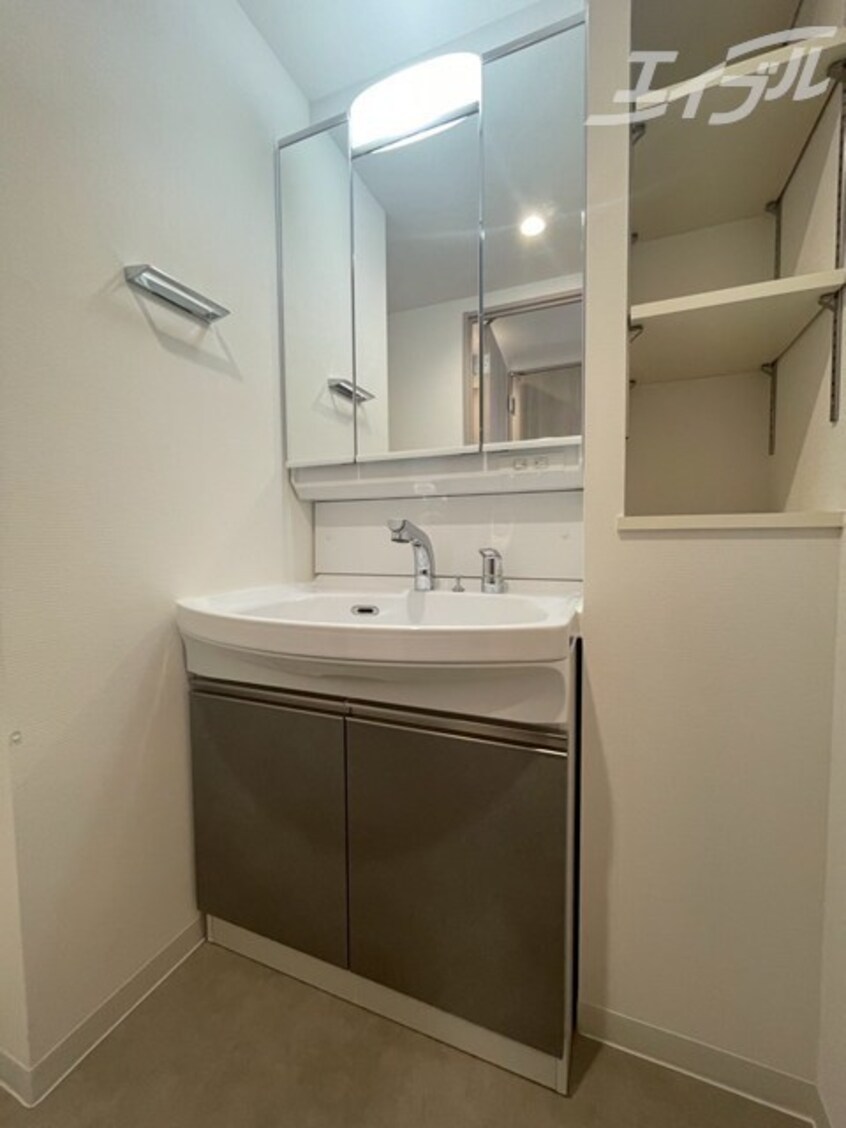 収納付き三面鏡付きのドレッサータイプの洗面台！ ソルテラス本庄西クレアスト