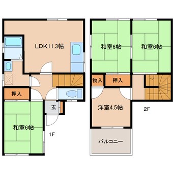 間取図 近鉄橿原線/田原本駅 徒歩35分 1-2階 築38年