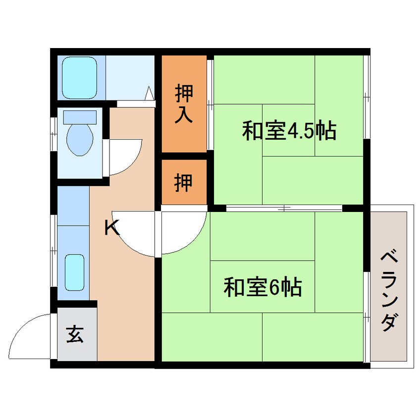 間取図 桜井線<万葉まほろば線>/櫟本駅 徒歩3分 2階 築46年