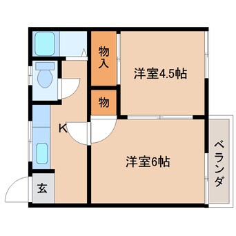 間取図 桜井線<万葉まほろば線>/櫟本駅 徒歩3分 2階 築46年