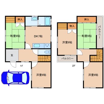 間取図 近鉄天理線/前栽駅 徒歩15分 1-2階 築43年