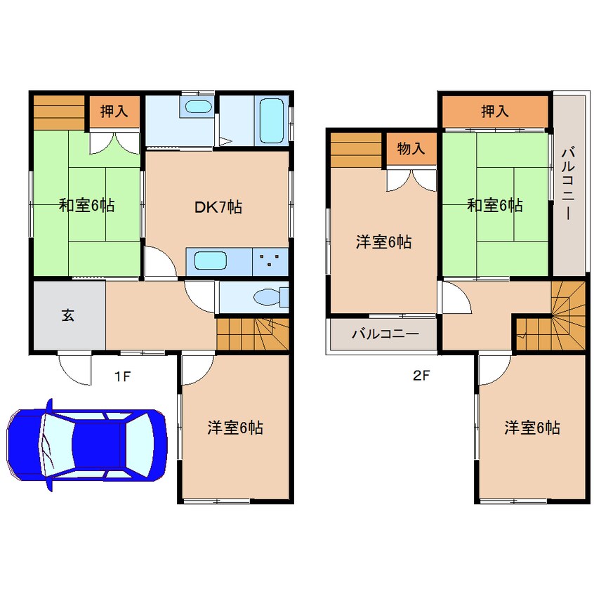 間取図 近鉄天理線/前栽駅 徒歩15分 1-2階 築43年