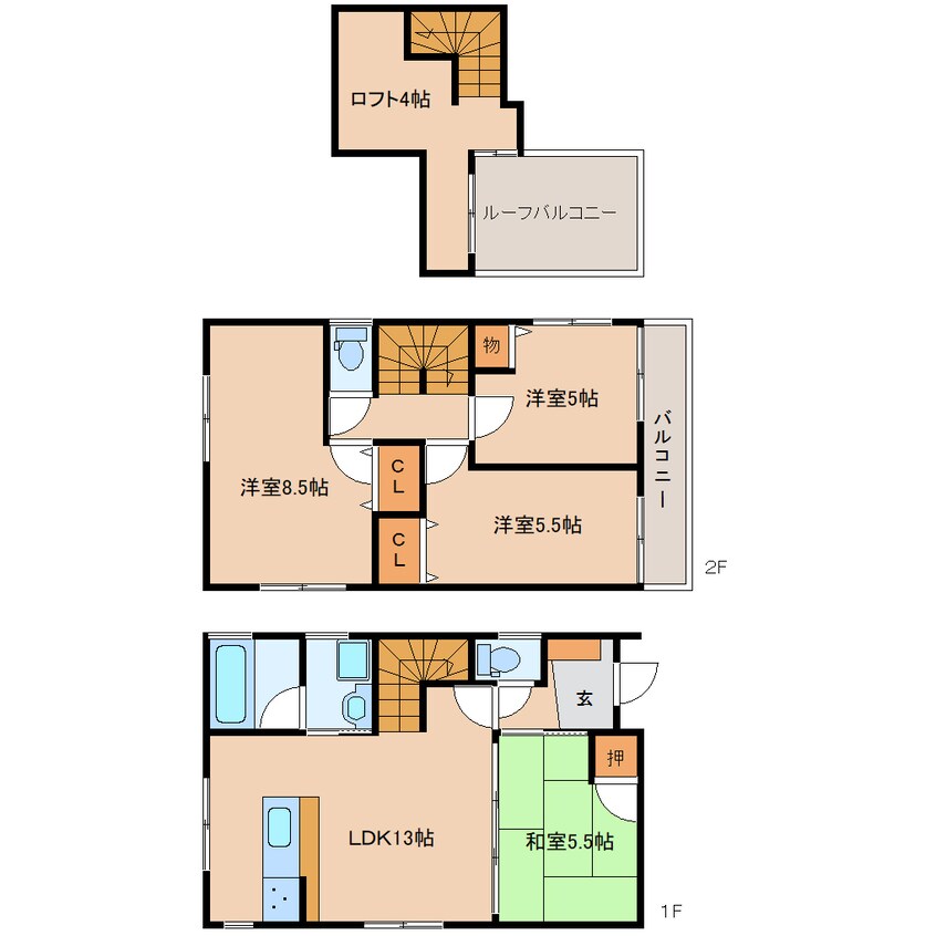 間取図 東海道本線/静岡駅 バス38分下川原団地下車:停歩6分 1-2階 築13年